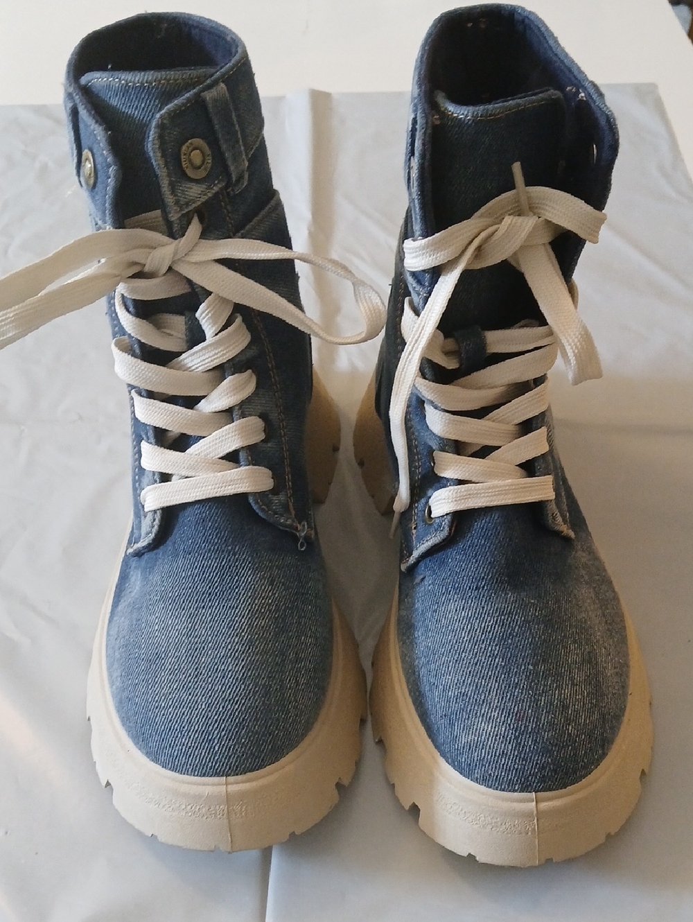Wild Diva Blue Denim Lace-Up Platform Boots with White Laces